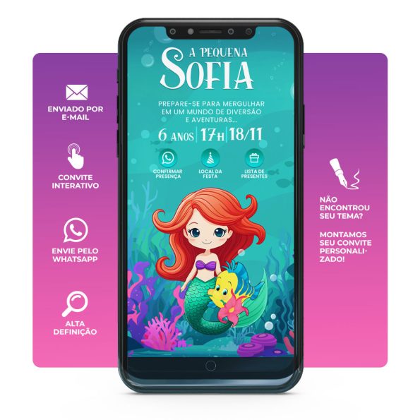 Convite Digital Pequena Sereia V2 em formato otimizado para celulares, com design encantador e botões interativos, ideal para festas temáticas.