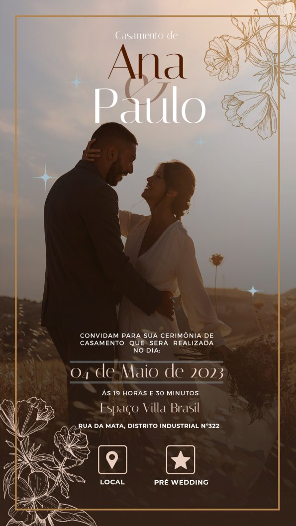 Convite de casamento digital elegante com design personalizado, perfeito para celebrar o grande dia. Inclui informações sobre a cerimônia, local e RSVP de forma prática e moderna.