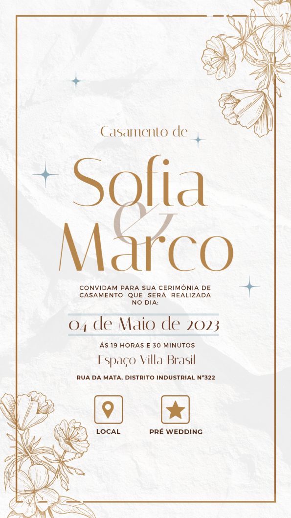 Convite de casamento digital elegante com design personalizado, perfeito para celebrar o grande dia. Inclui informações sobre a cerimônia, local e RSVP de forma prática e moderna.