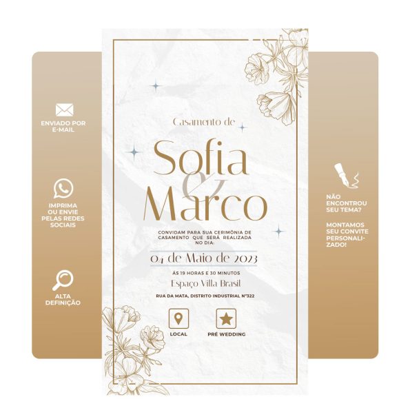 Convite de casamento digital elegante com design personalizado, perfeito para celebrar o grande dia. Inclui informações sobre a cerimônia, local e RSVP de forma prática e moderna.