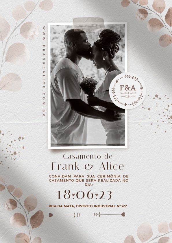 Convite de casamento elegante com design personalizado para impressão em gráfica, destacando flores delicadas e fontes clássicas.